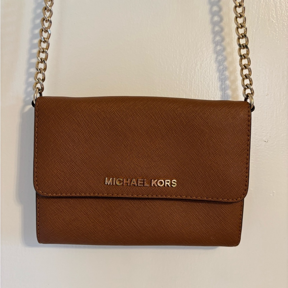 Michael Kors Brown Saffiano Crossbody with Gold Chain